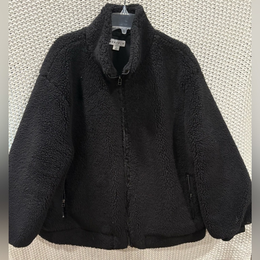 AVA & VIV Black Fleece-Style Lined Zip Front Jacket 100% Polyester; Size 2X